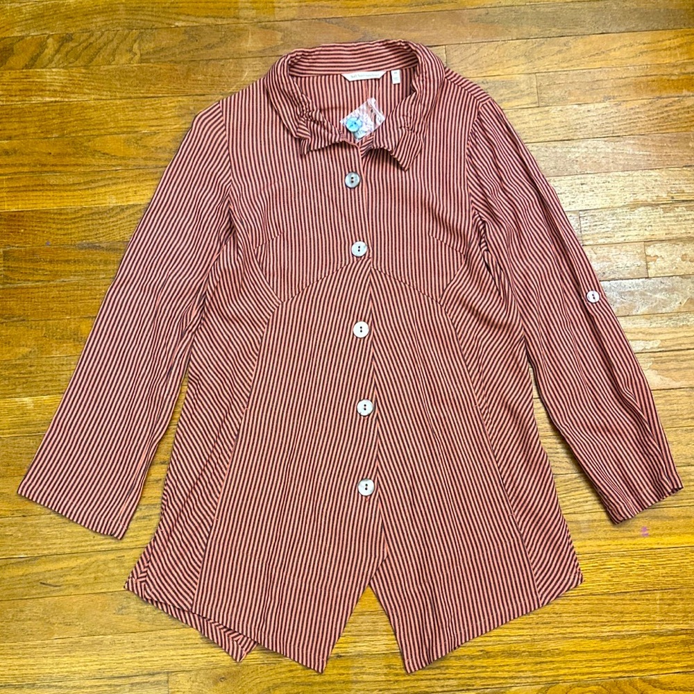 Soft Surroundings Sz XS Sasha Orange Striped  Roll Tab Sleeve Tunic Top NEW